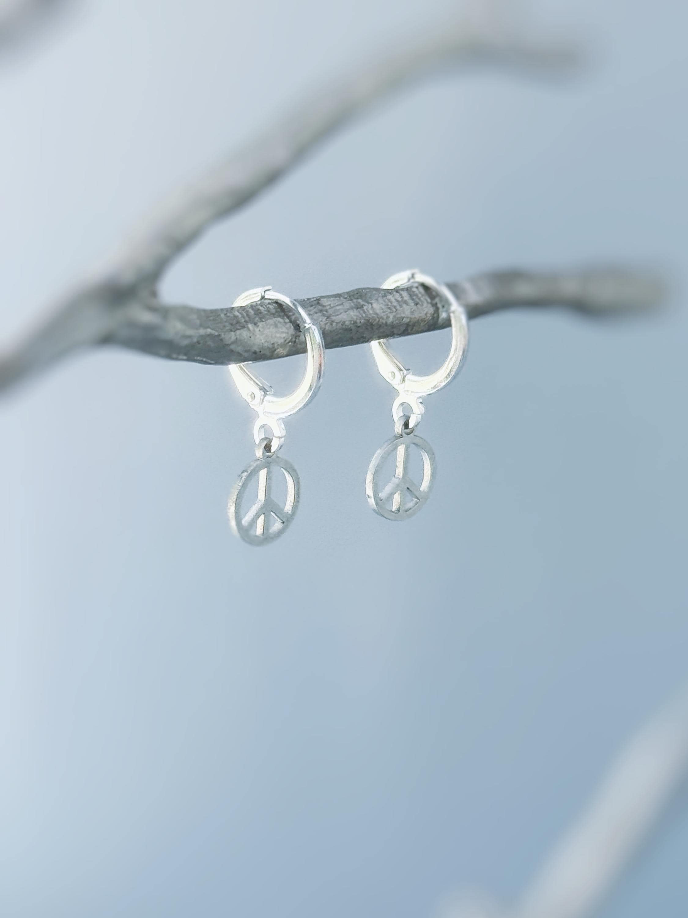 Dainty Peace Sign Huggie Hoop Earrings, Silver Dangle Minimalist Boho 90s Jewelry, Hippie Chic Love and Peace Festival Earrings for her