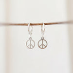Dainty Peace Sign Huggie Hoop Earrings, Silver Dangle Minimalist Boho 90s Jewelry, Hippie Chic Love and Peace Festival Earrings for her