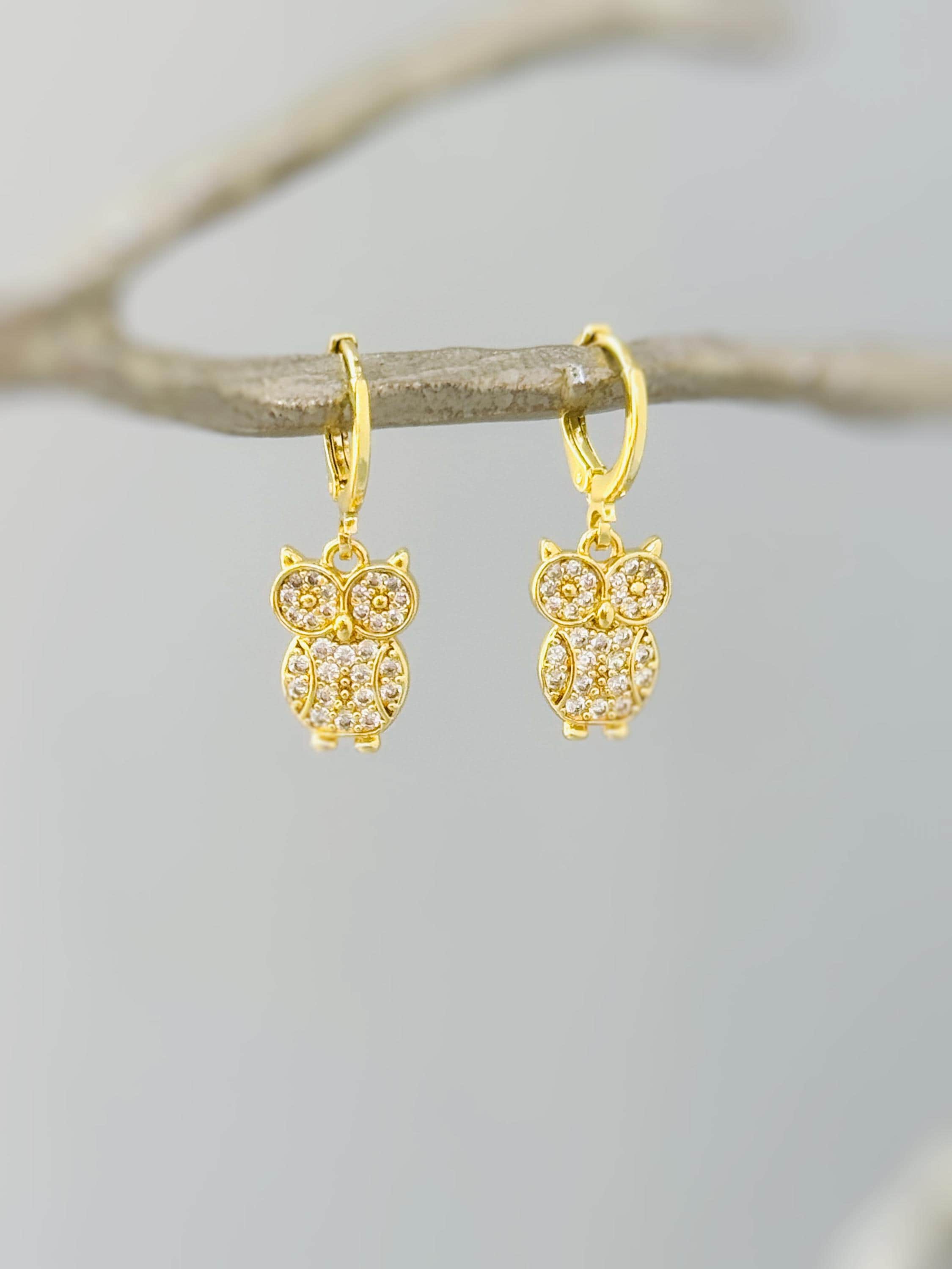Crystal Owl Earrings Gold dangle handmade witchy bird jewelry unique dangling spooky earrings gift for nature and bird lovers, sister, bff