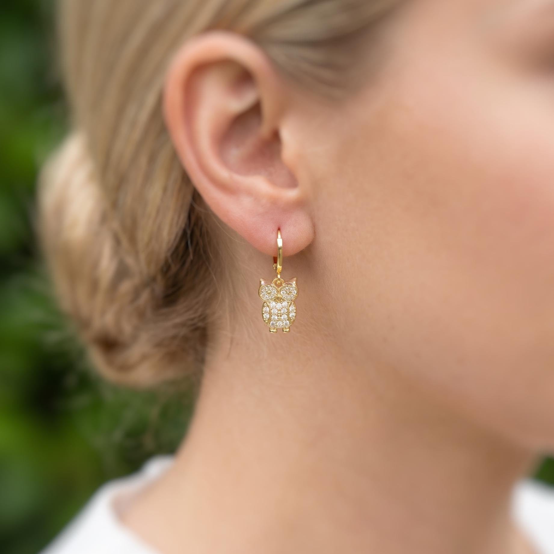 Crystal Owl Earrings Gold dangle handmade witchy bird jewelry unique dangling spooky earrings gift for nature and bird lovers, sister, bff