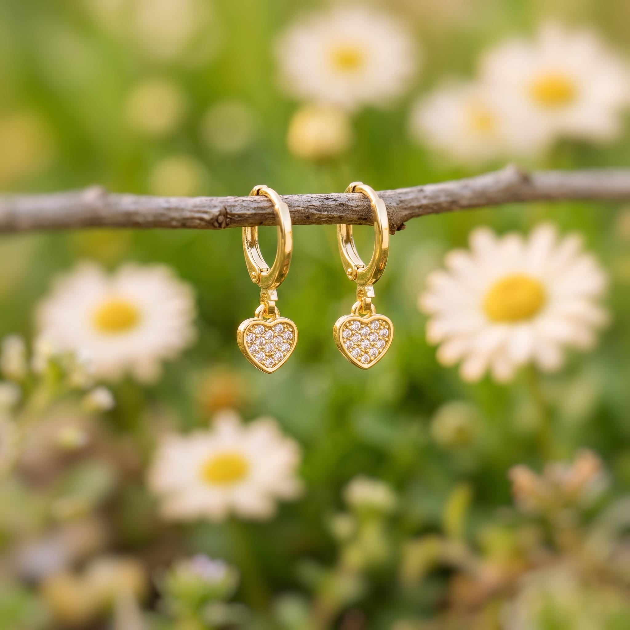 Dainty Gold Heart Earrings Dangle Huggie Hoops Crystal Heart Charm earrings for women handmade Valentines day jewelry gift for friend, moms