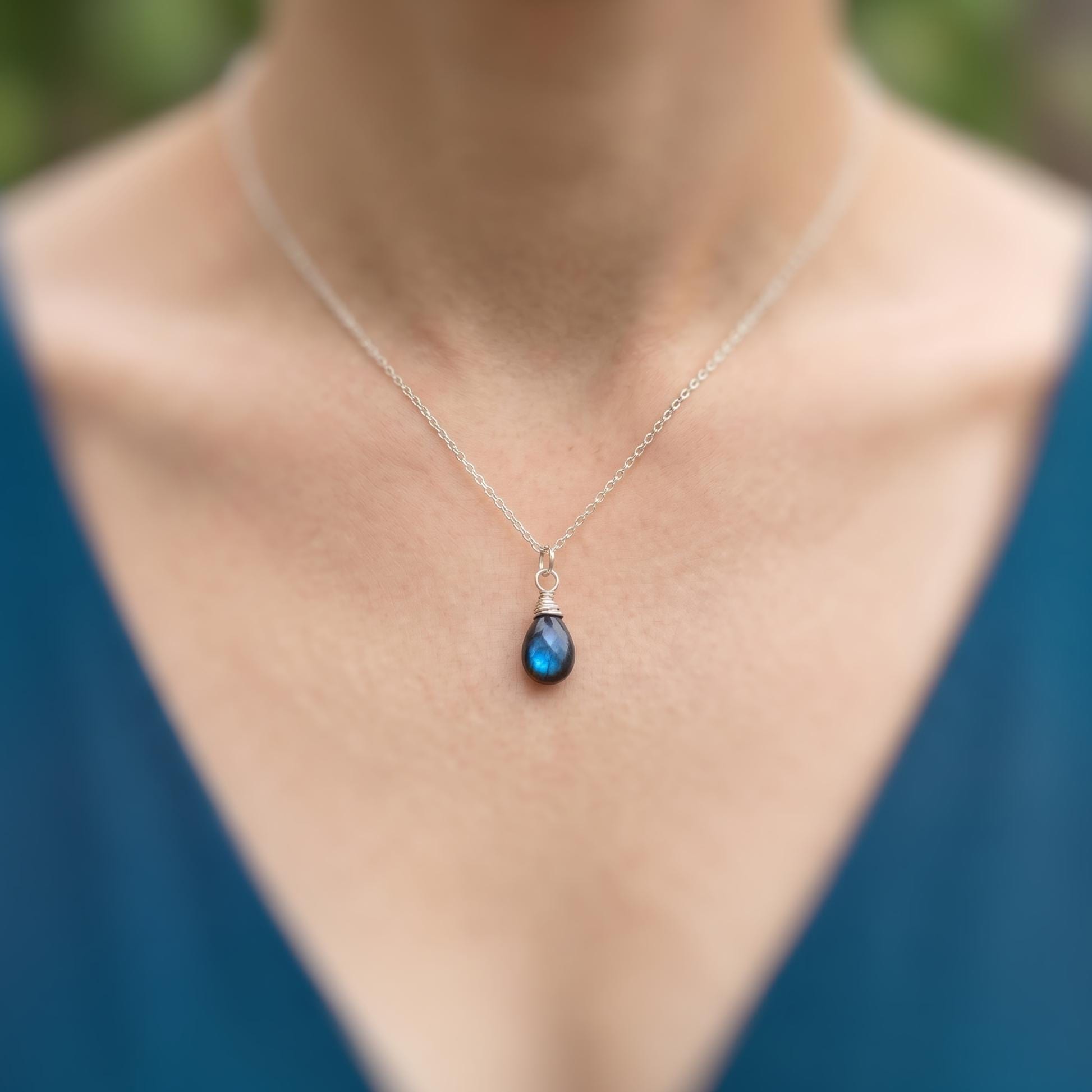 Dainty Smooth Briolette Labradorite Necklace Sterling Silver or 14k Gold