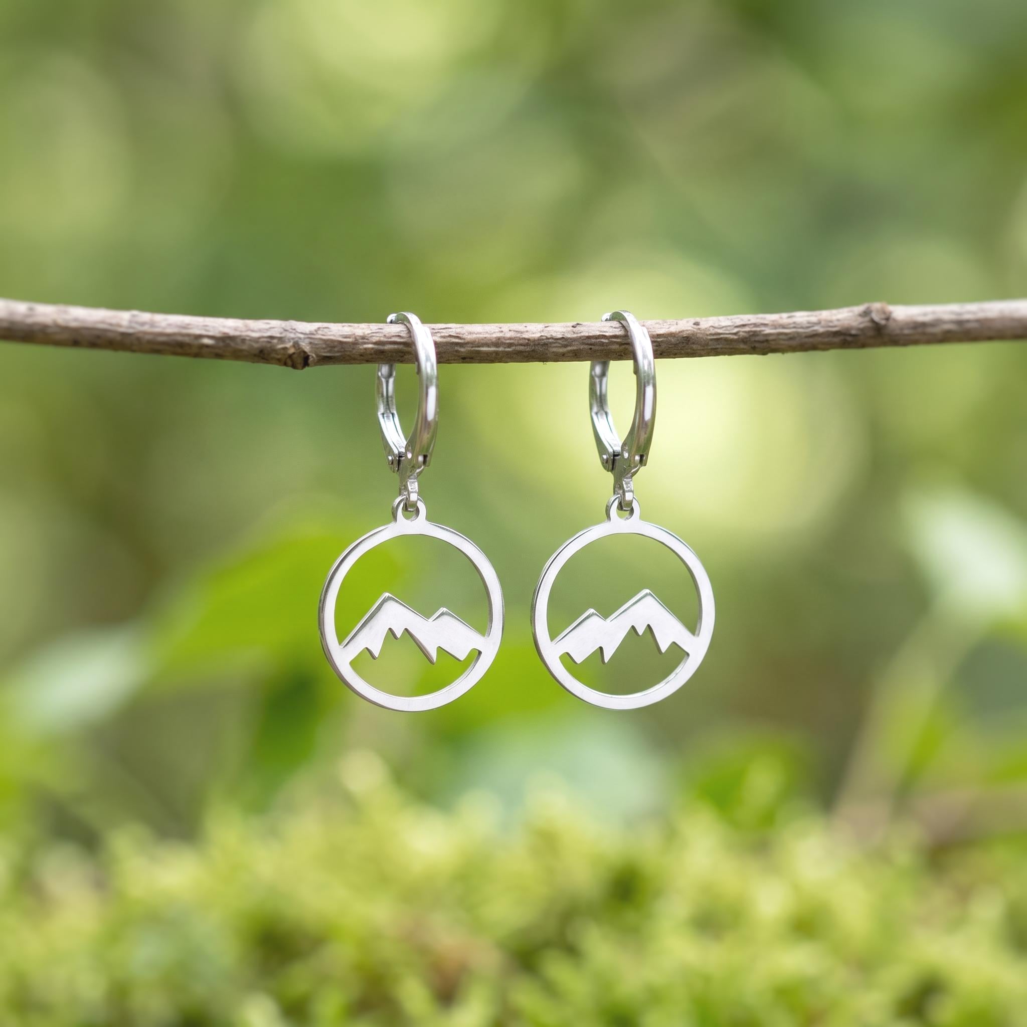 Silver Mountain Earrings Huggie Hoop dangle gold hoops handmade nature jewelry gift for hikers, campers, skiers bff Colorado smoky mountains