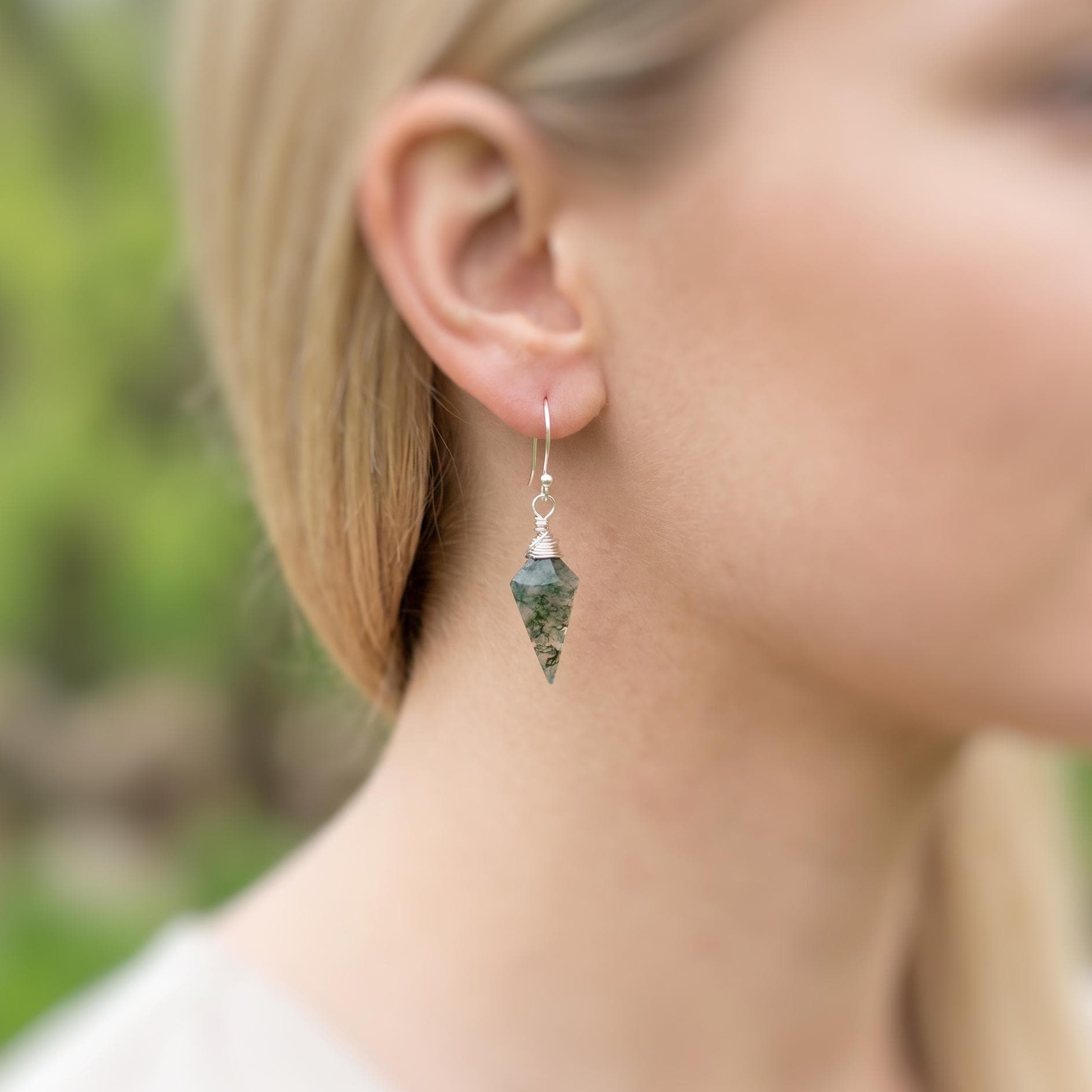 Moss Agate Earrings Dangle Rose Gold, Sterling Silver 14k Gold Leverbacks