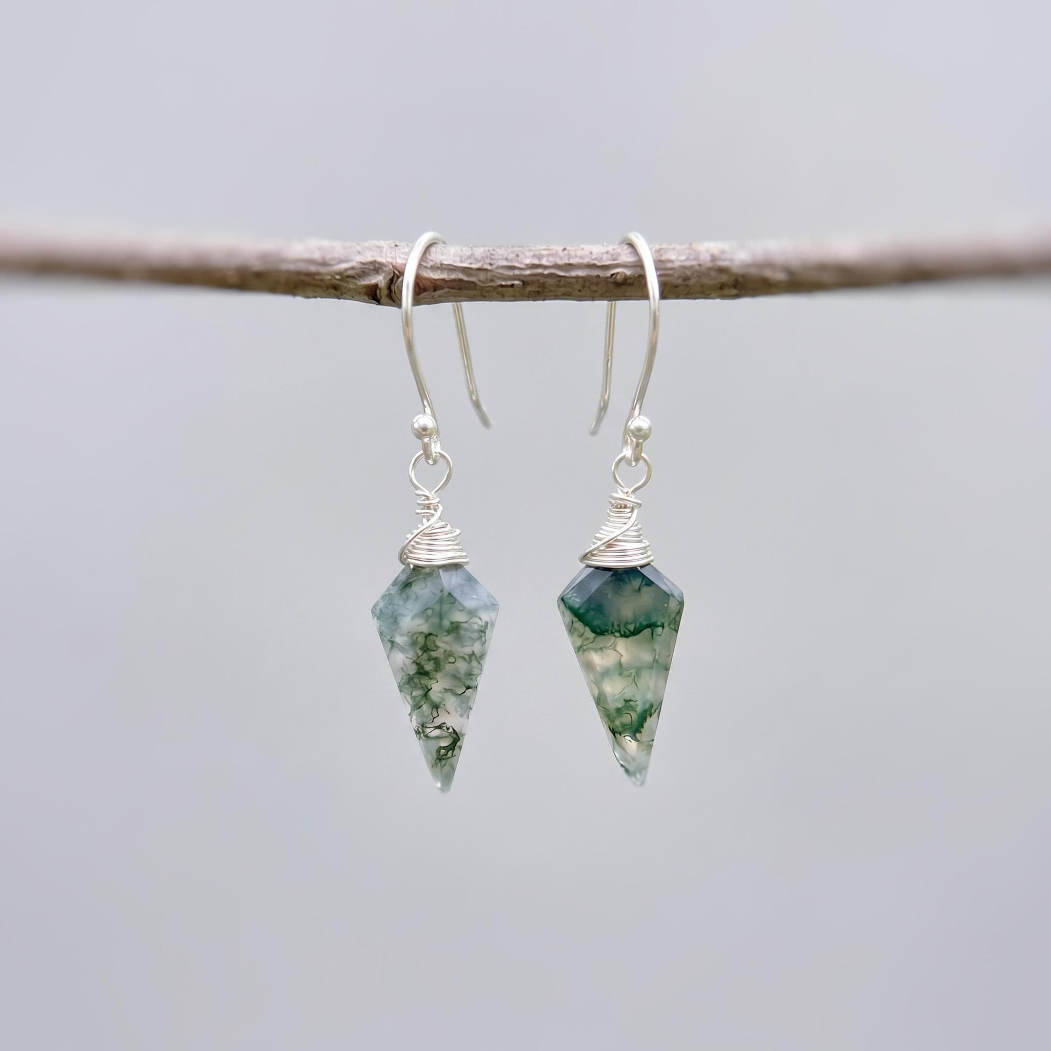 Moss Agate Earrings Dangle Rose Gold, Sterling Silver 14k Gold Leverbacks