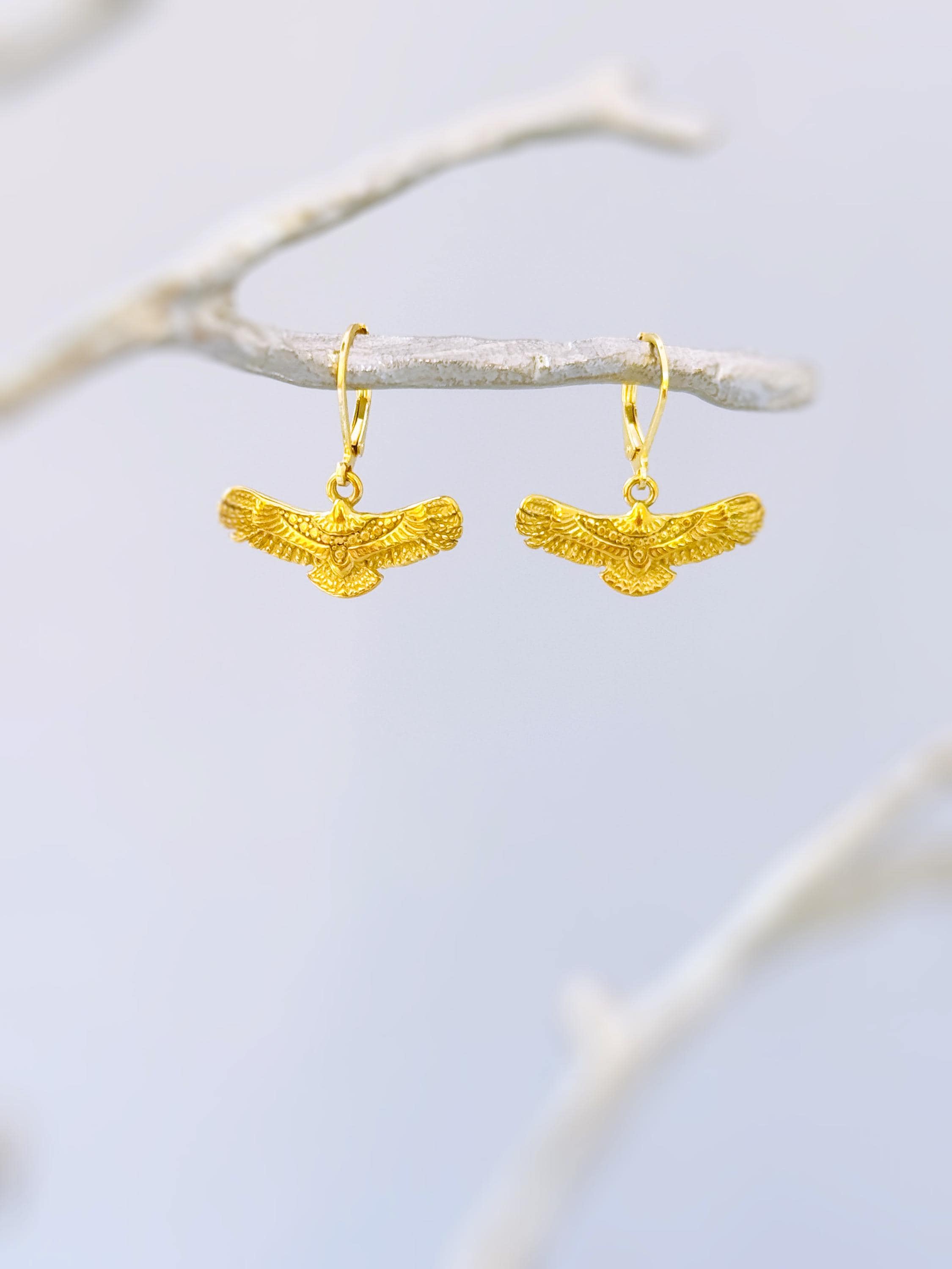 Eagle Earrings Gold Dangle Nature Inspired Wildlife Hawk Bird Lover Jewelry for her freedom patriotic 4th of July gift woodland animals