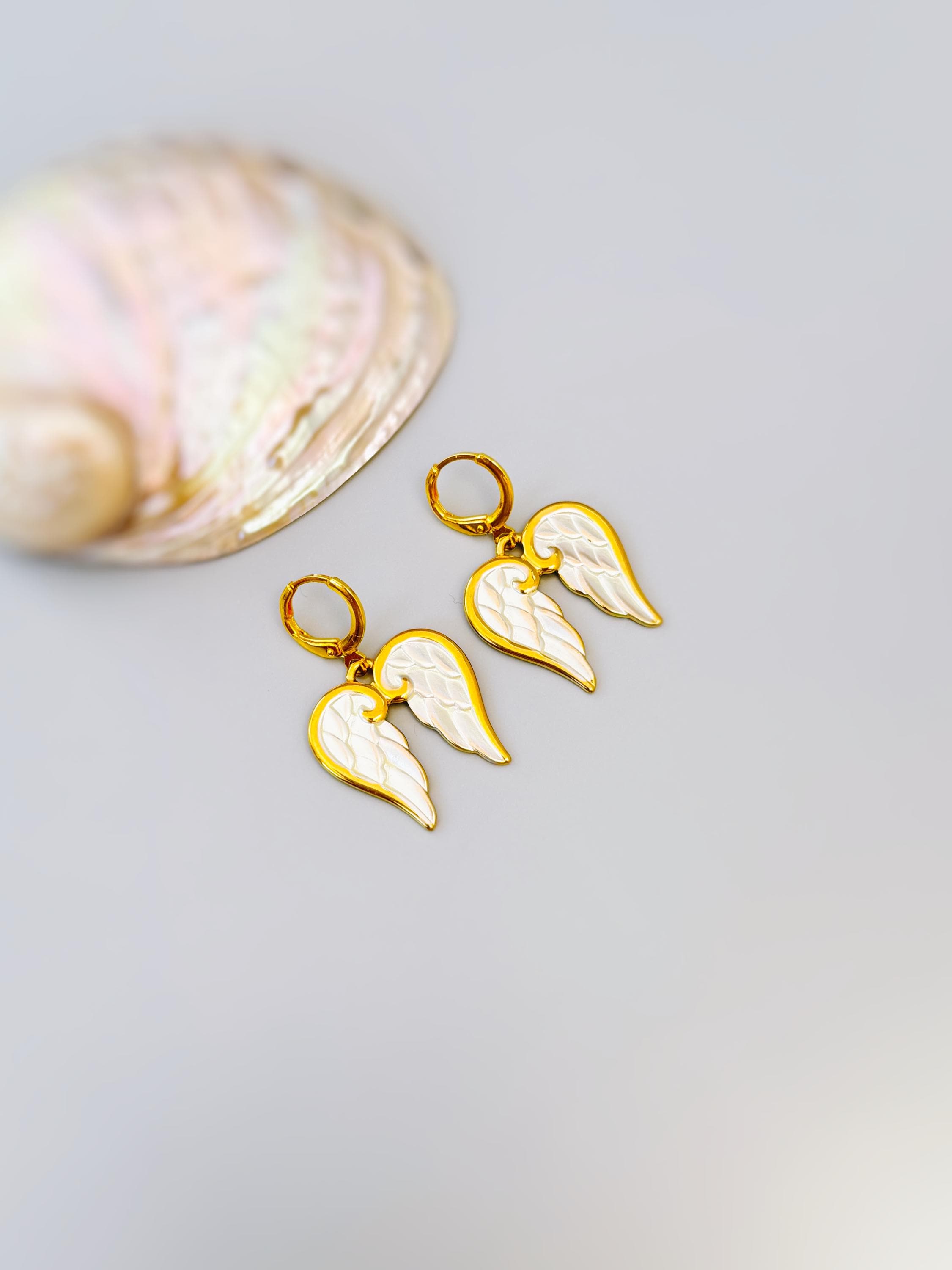 Angel Wing Earrings Gold Huggie Hoop Earrings Dangle religious Catholic sympathy memorial Christian faith jewelry baptism Earrings for women