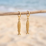 Sardine Earrings Silver, Gold Huggie Hoops, cute fish earrings trendy ocean jewelry, unique whimsical novelty coastal nautical gift for her