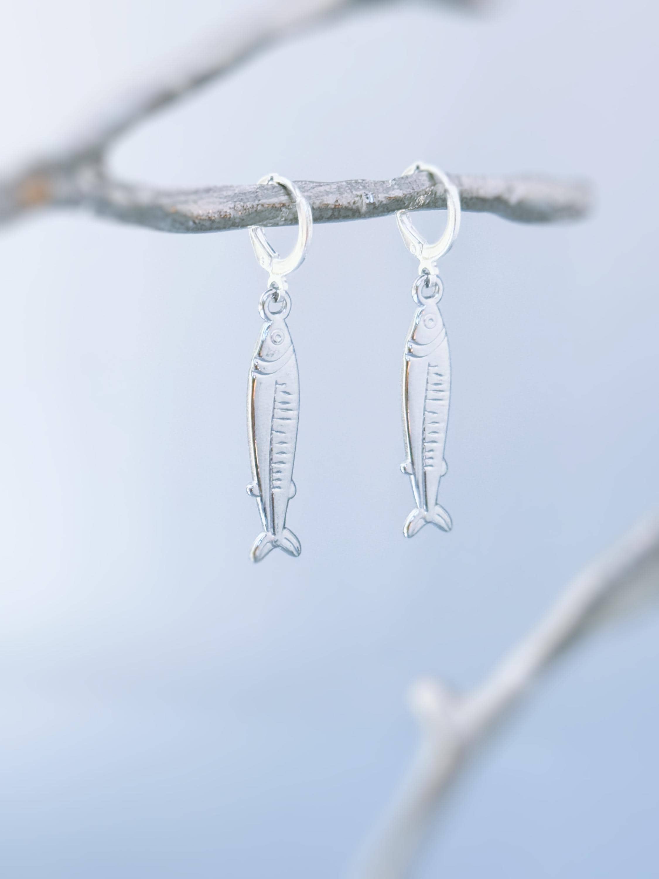 Sardine Earrings Silver, Gold Huggie Hoops, cute fish earrings trendy ocean jewelry, unique whimsical novelty coastal nautical gift for her