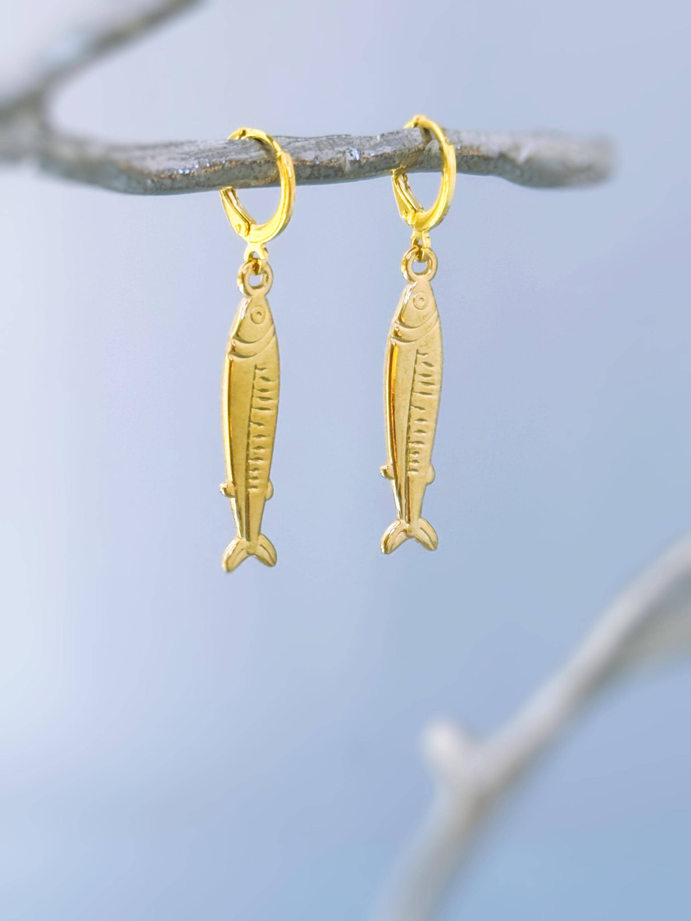 Sardine Earrings Silver, Gold Huggie Hoops, cute fish earrings trendy ocean jewelry, unique whimsical novelty coastal nautical gift for her