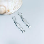 Sardine Earrings Silver, Gold Huggie Hoops, cute fish earrings trendy ocean jewelry, unique whimsical novelty coastal nautical gift for her
