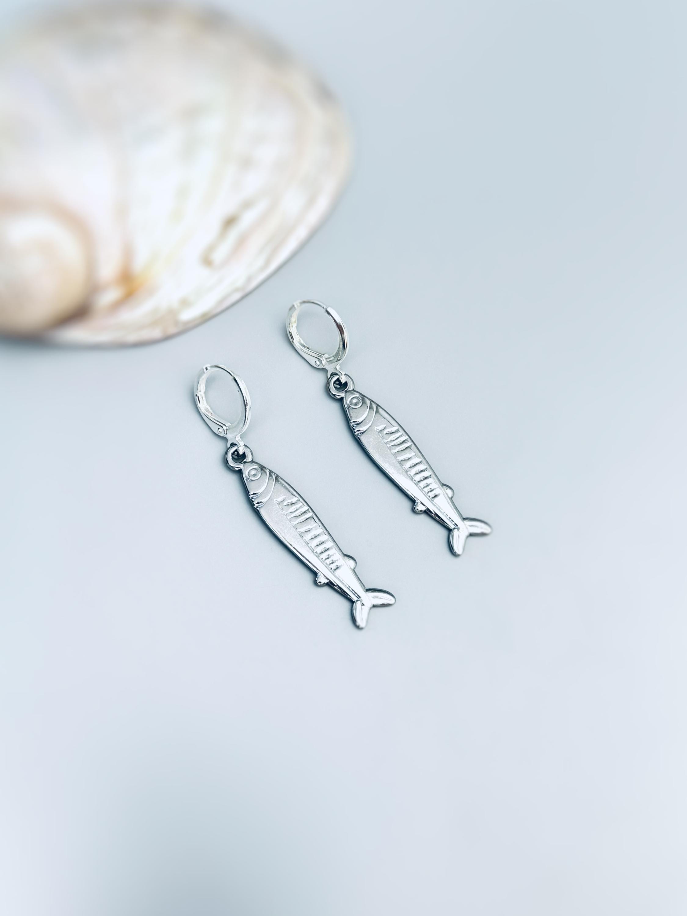 Sardine Earrings Silver, Gold Huggie Hoops, cute fish earrings trendy ocean jewelry, unique whimsical novelty coastal nautical gift for her