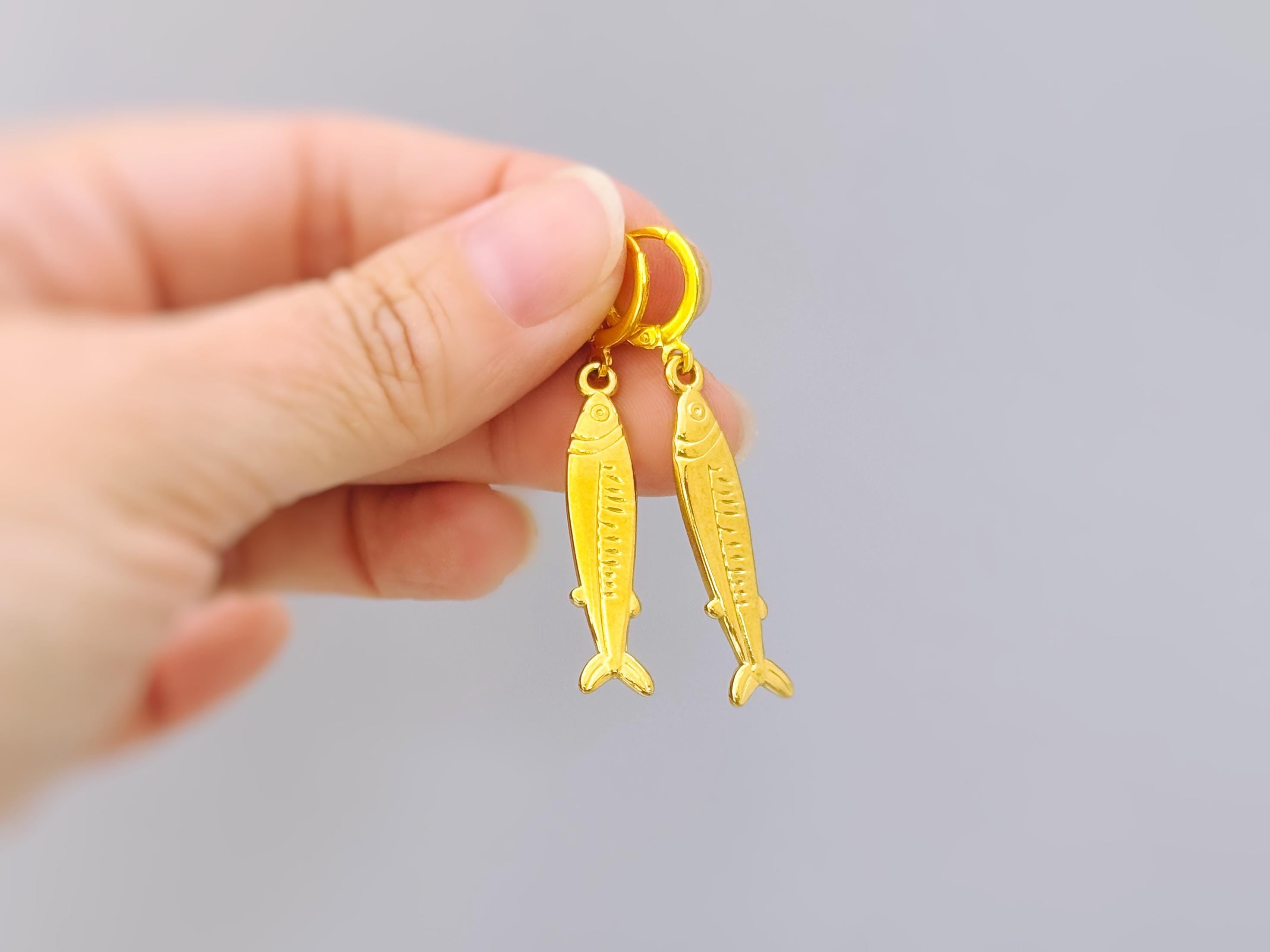 Sardine Earrings Silver, Gold Huggie Hoops, cute fish earrings trendy ocean jewelry, unique whimsical novelty coastal nautical gift for her