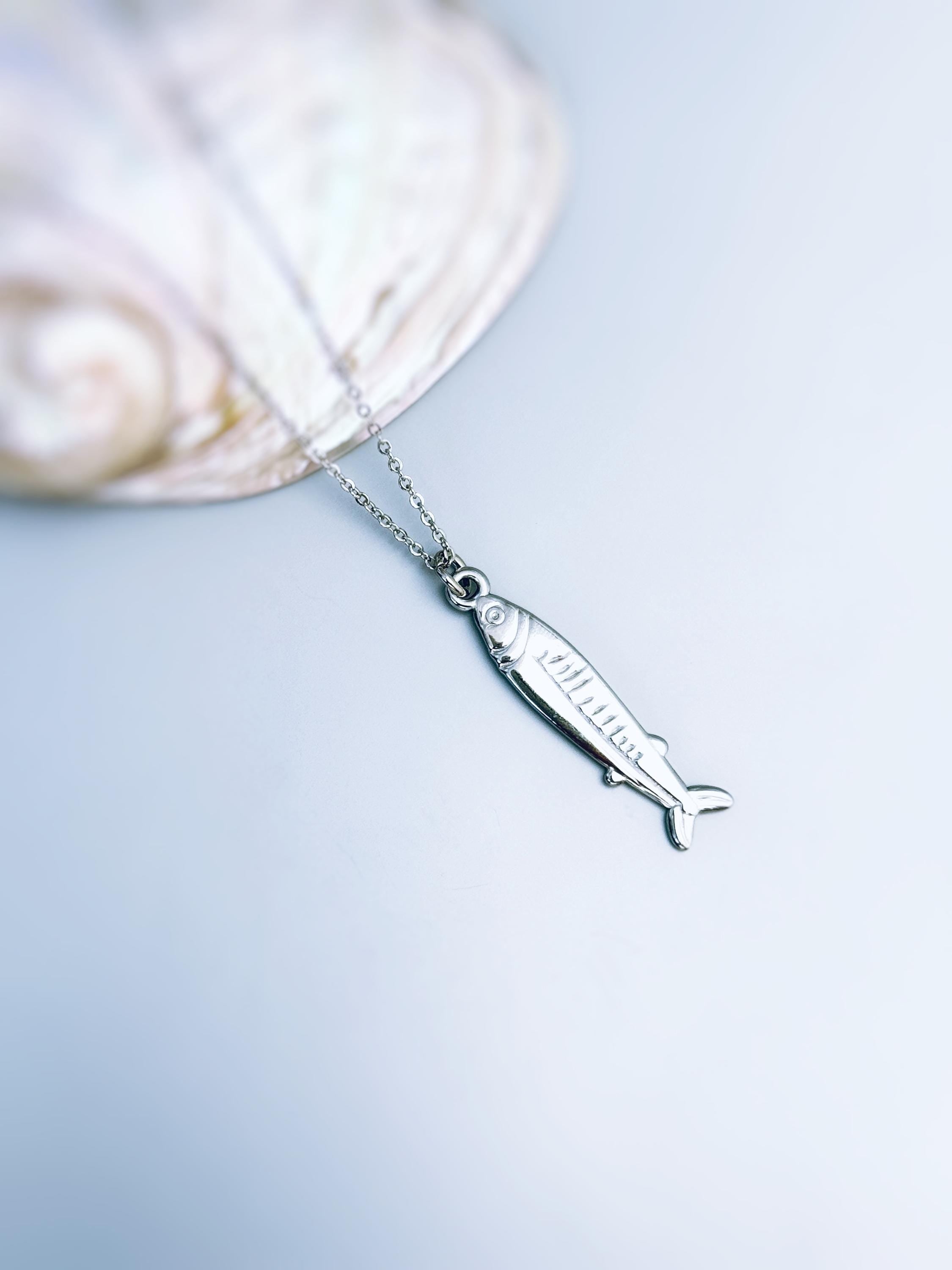 Sardine Necklace silver, gold nautical trendy summer ocean jewelry, unique whimsical novelty coastal gift for her
