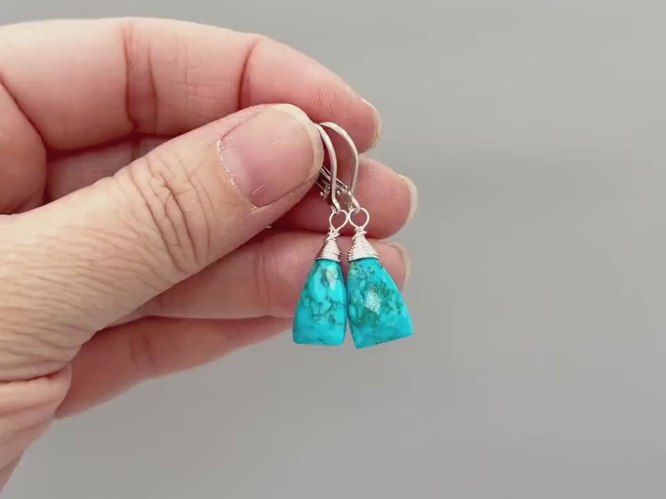 Turquoise Earrings dangle Silver, 14k Gold leverback