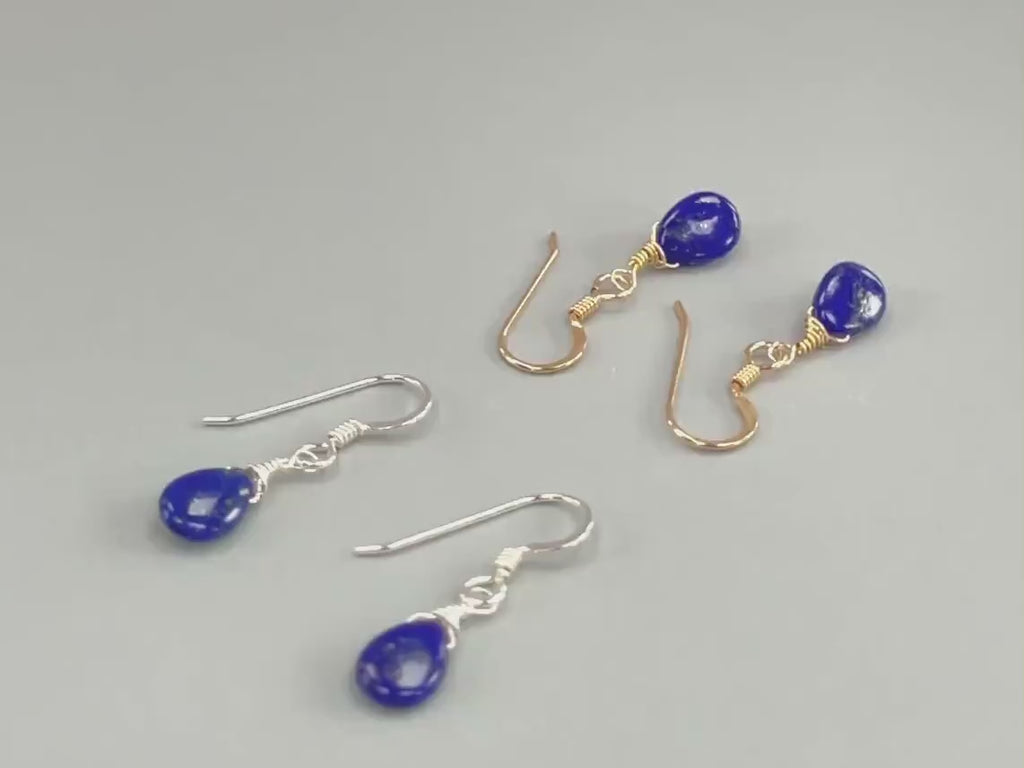 Tiny tear drops Dainty Lapis Lazuli earrings dangle 14k Gold fill, Sterling Silver