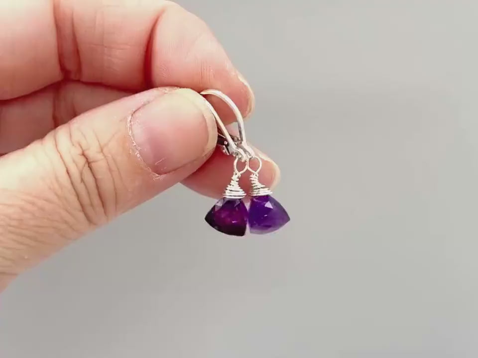 Dainty Amethyst earrings dangle Sterling Silver, 14k gold Rose Gold  lightweight tear drop crystal dangly purple gemstone birthstone jewelry