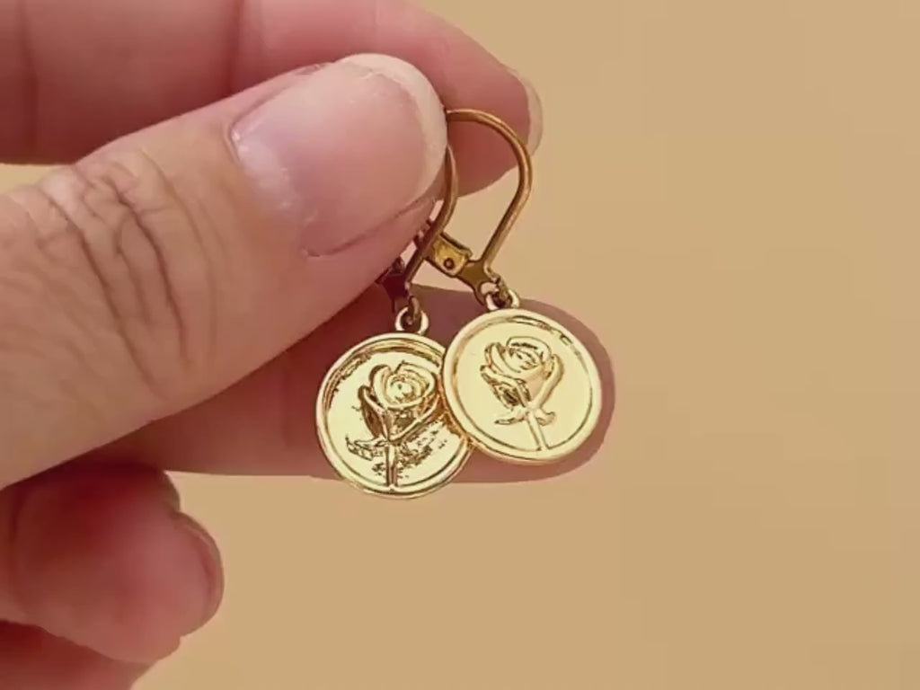 Gold Rose Earrings Dangle June birthflower jewelry