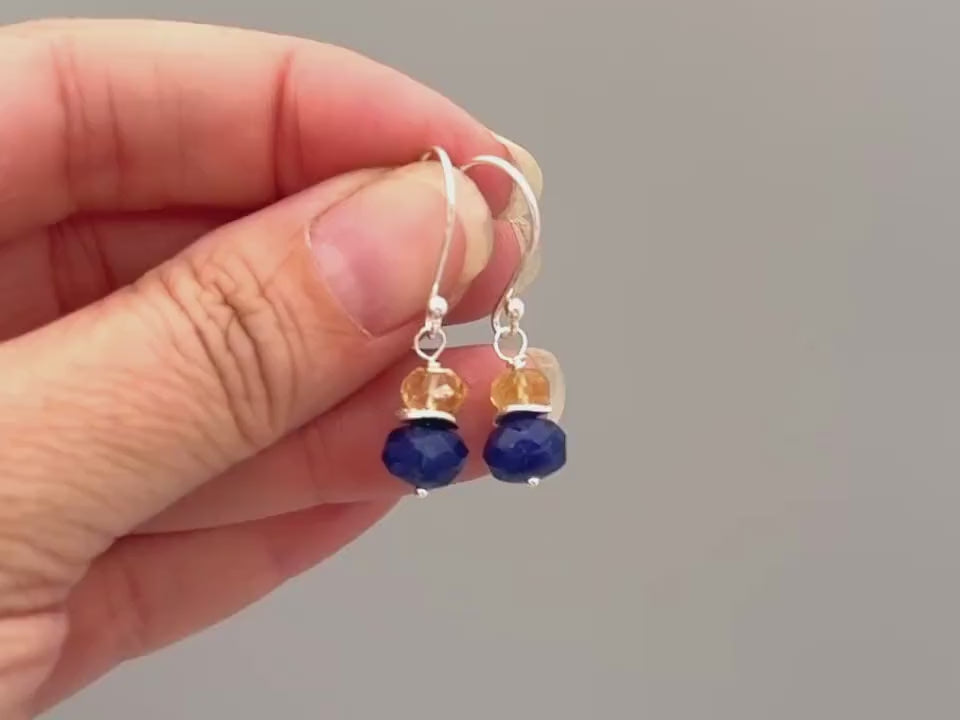 Citrine and Lapis Earrings dangle sterling silver gold dangly handmade blue gemstone jewelry September birthstone gift for wife mom daughter