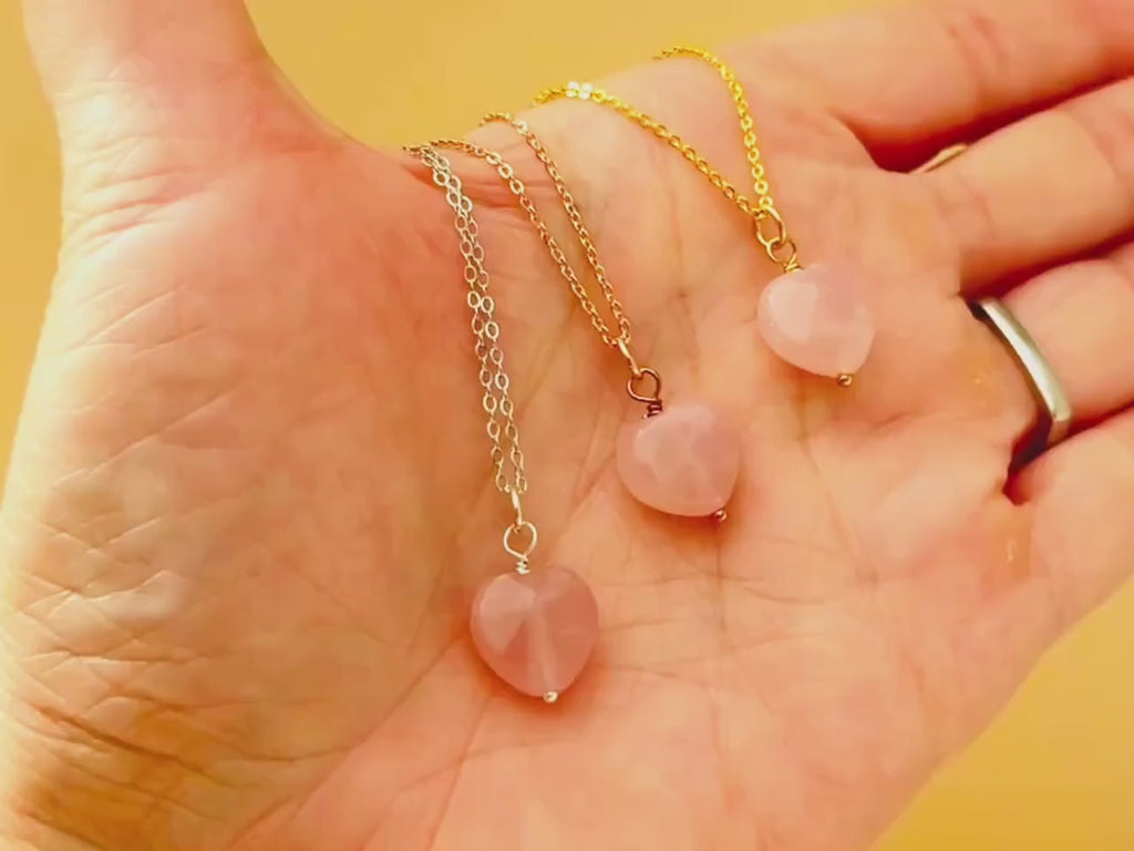 Rose Quartz Heart Necklace Silver, Gold, Rose Gold handmade pink gemstone pendant January birthstone gift for girlfriend, wife, mom sister