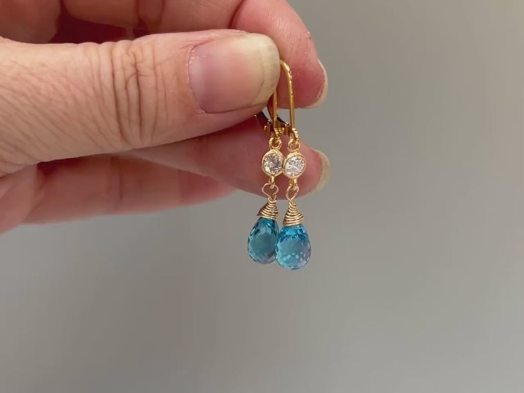 Swiss Blue Topaz earrings dangle, 14k Gold, silver November Birthstone gift dangly tear drop handmade blue gemstone jewelry for women