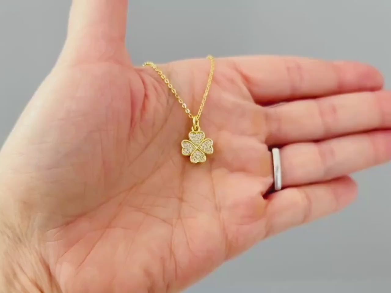 Lucky Gold Four Leaf Clover Necklace Crystal Shamrock Charm Pedant Irish jewelry St Patricks day good luck gift for graduation, women, her