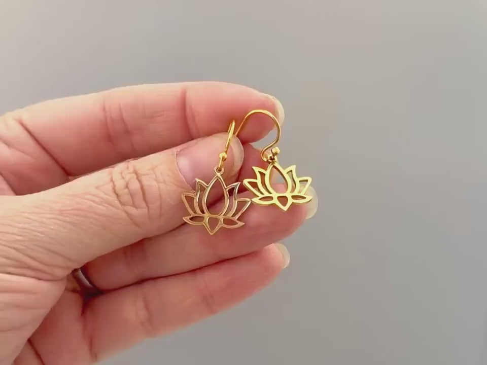 Gold Lotus Flower Earrings, water lily dangle earrings