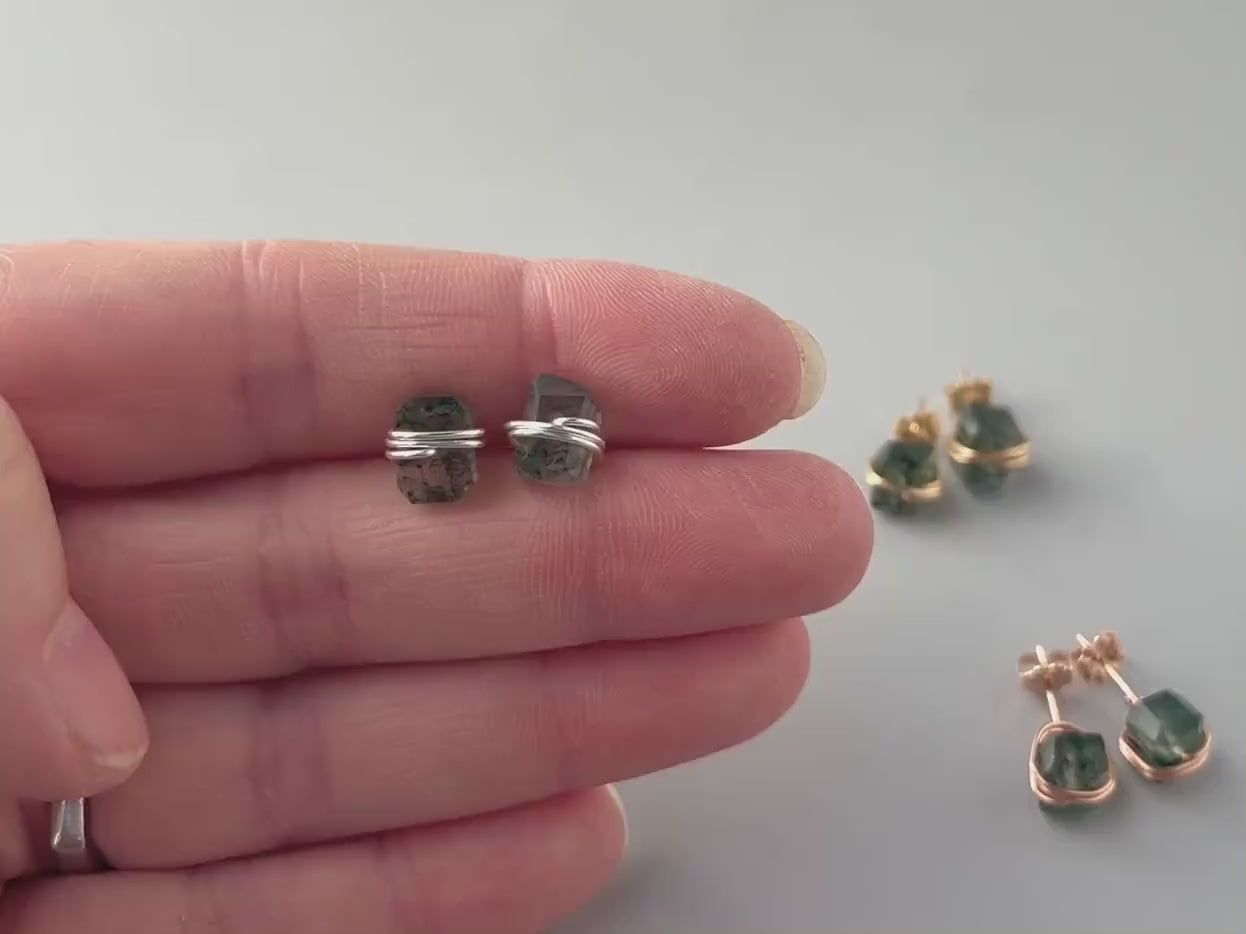 Moss Agate Stud Earrings Rose Gold, 14k gold Fill,  Sterling Silver