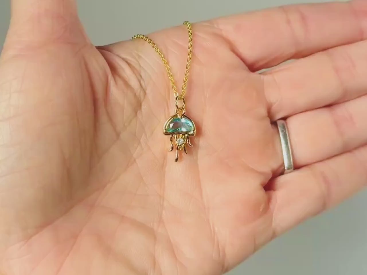 Dainty Gold Jellyfish Necklace handmade beach jewelry unique aqua blue crystal ocean pendant gift for surfers, swimmers, sister daughter mom