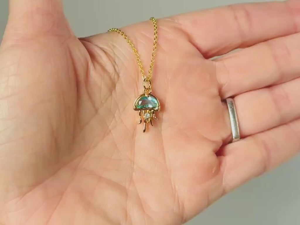 Dainty Gold Jellyfish Necklace handmade beach jewelry unique aqua blue crystal ocean pendant gift for surfers, swimmers, sister daughter mom
