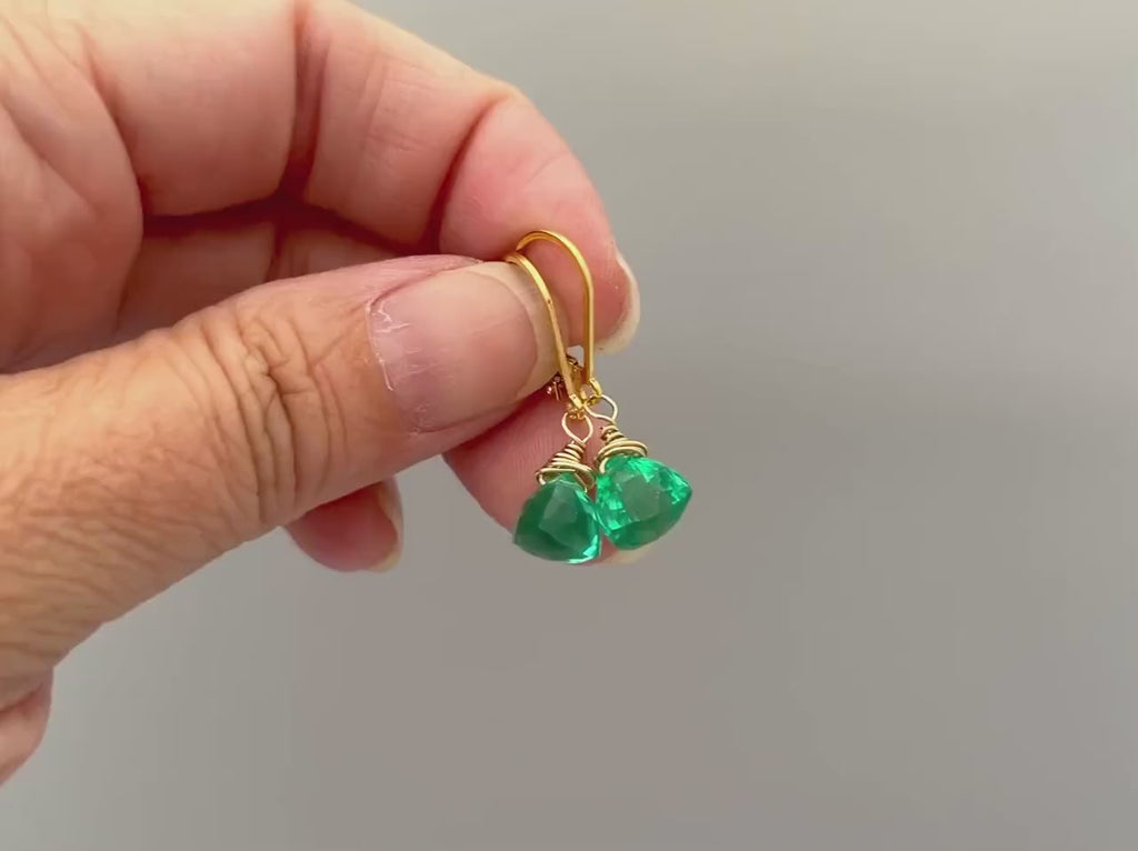 Emerald Green Gemstone earrings dangle 14k gold, Sterling Silver, Rose Gold Dainty drop crystal Quartz dangly birthstone handmade jewelry