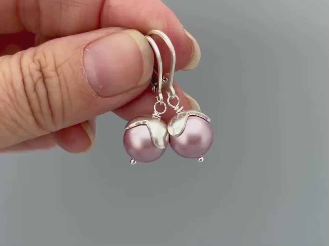 Petal Pearl Earrings Dangle Sterling Silver Leverback Pink Drop dangly earrings unique handmade gift for wife, bridesmaids, bridal jewelry