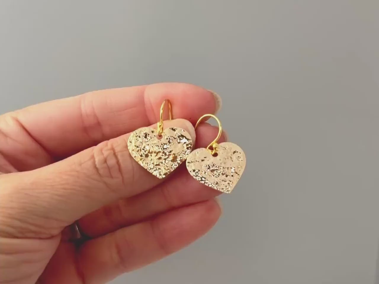 Heart Earrings Gold dangle sparkly boho handmade heart jewelry
