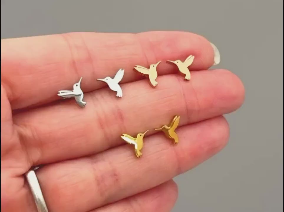 Tiny Hummingbird Earrings studs in gold, silver, rose gold dainty small cartilage second hole sleeper animal jewelry for bird lover, child