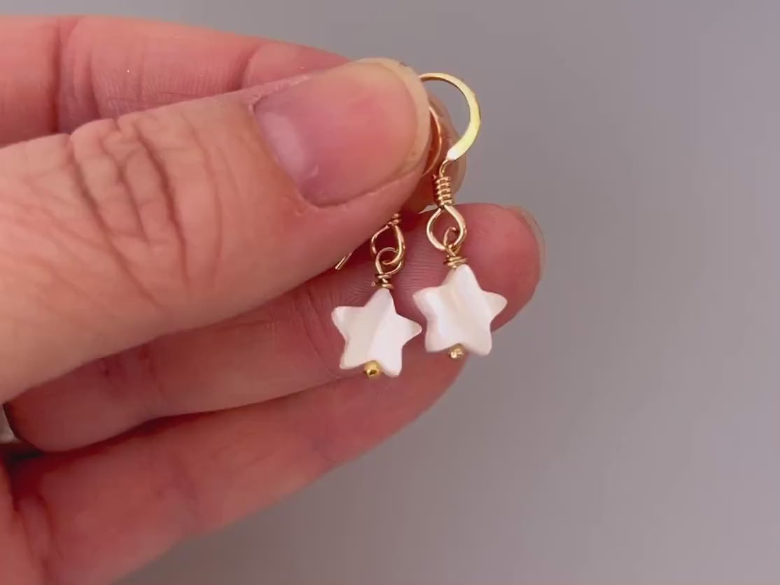 Dainty Mother of Pearl Star Earrings dangle, drop handmade minimalist pearl jewelry 14k Gold, Silver, Summer Jewelry iridescent beachy shell