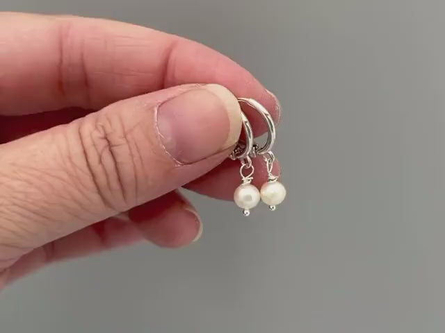 Tiny Pearl Huggie Hoop Earrings, Sterling Silver