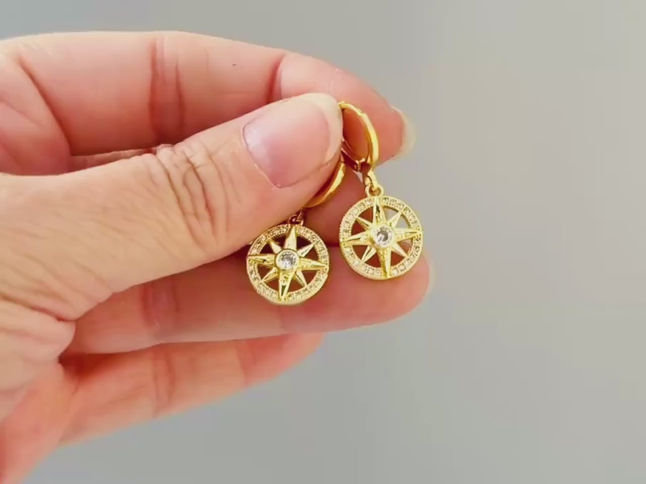 Gold North Star Earrings dangle gold Huggie Hoops dainty minimalist Polaris compass charms handmade  jewelry gift for graduation, travelers