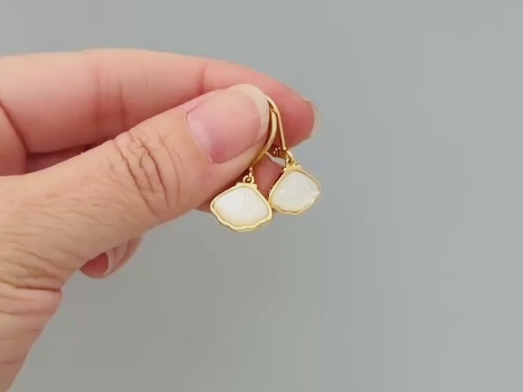 Mother of Pearl Shell Earrings 14k Gold Dangle handmade June birthstone jewelry for women leverback June beach wedding gift for grandma mom