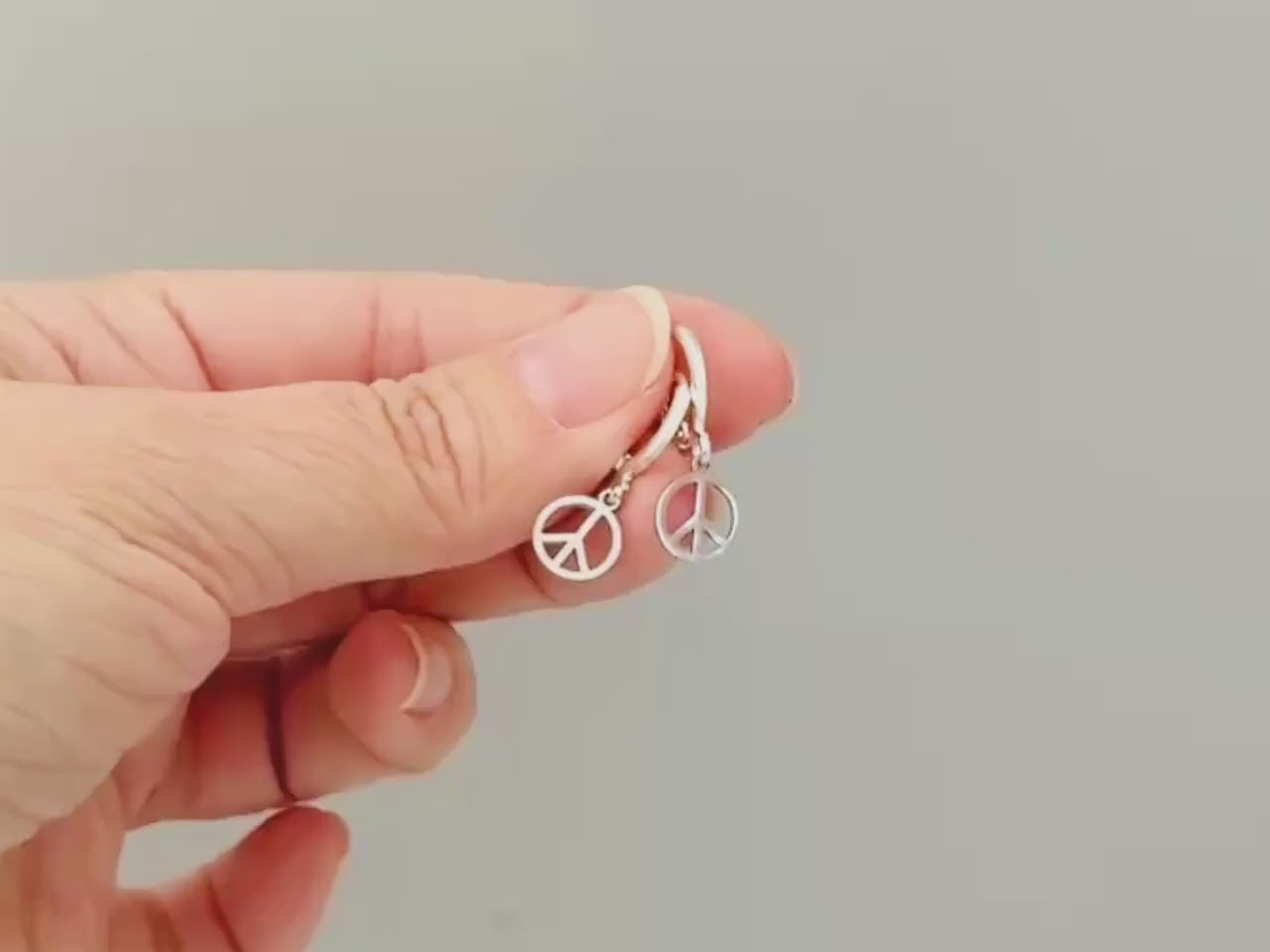 Dainty Peace Sign Huggie Hoop Earrings, Silver Dangle Minimalist Boho 90s Jewelry, Hippie Chic Love and Peace Festival Earrings for her