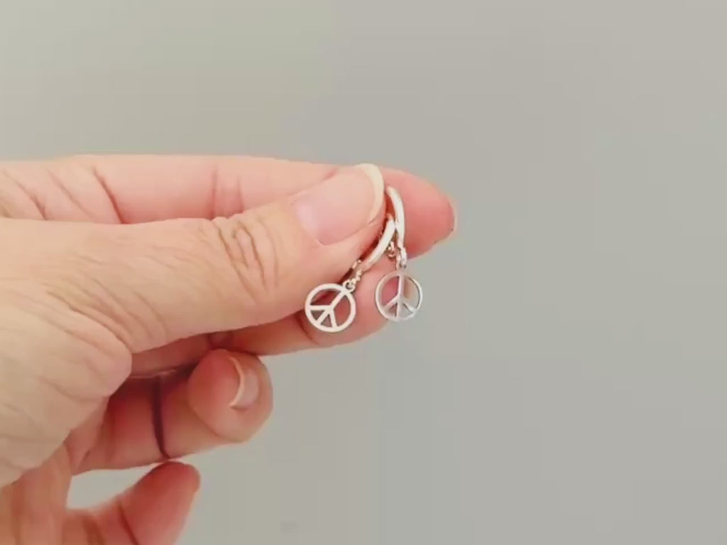Dainty Peace Sign Huggie Hoop Earrings, Silver Dangle Minimalist Boho 90s Jewelry, Hippie Chic Love and Peace Festival Earrings for her