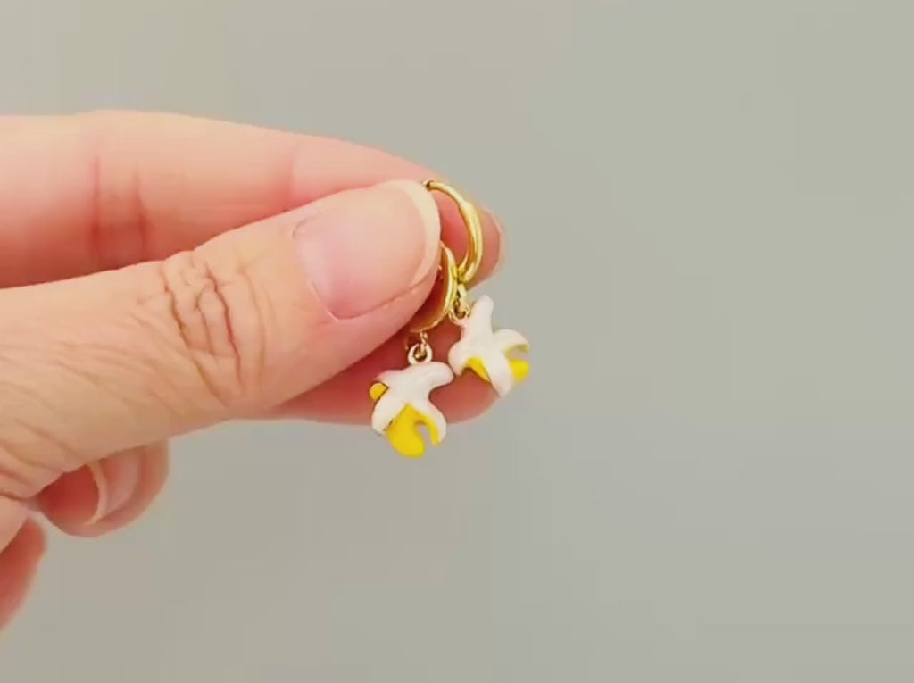 Dainty Banana Huggie Hoop Earrings Gold Yellow Charm Earrings, Cottagecore Jewelry Fruit Chef Gift, Cute Novelty Earrings gift for gardener