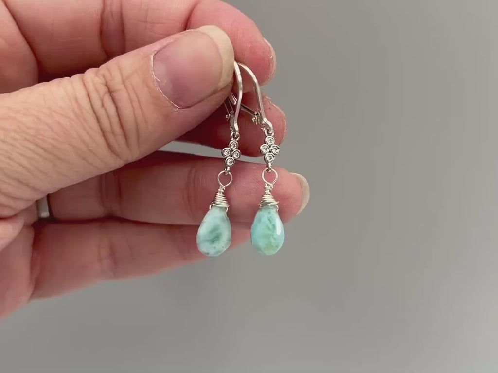 Larimar earrings dangle Sterling Silver, Rose Gold, 14k Gold, dainty dangly boho blue crystal jewelry for women, unique gift for wife