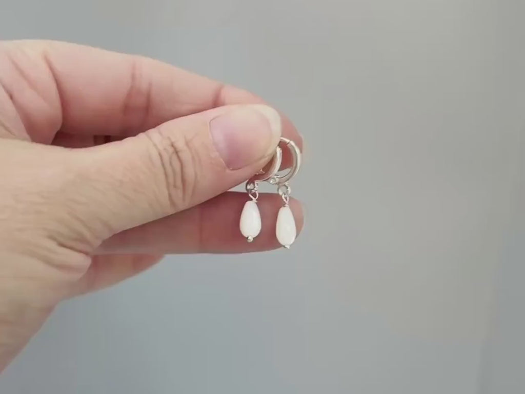 Dainty Silver Mother of Pearl Earrings Silver, Gold, Rose Gold Huggie Hoops minimalist teardrop dangle earrings handmade bridesmaid gift
