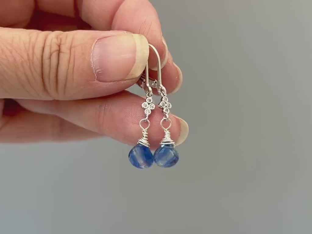 Unique Blue Kyanite earrings dangle, Sterling Silver Crystal
