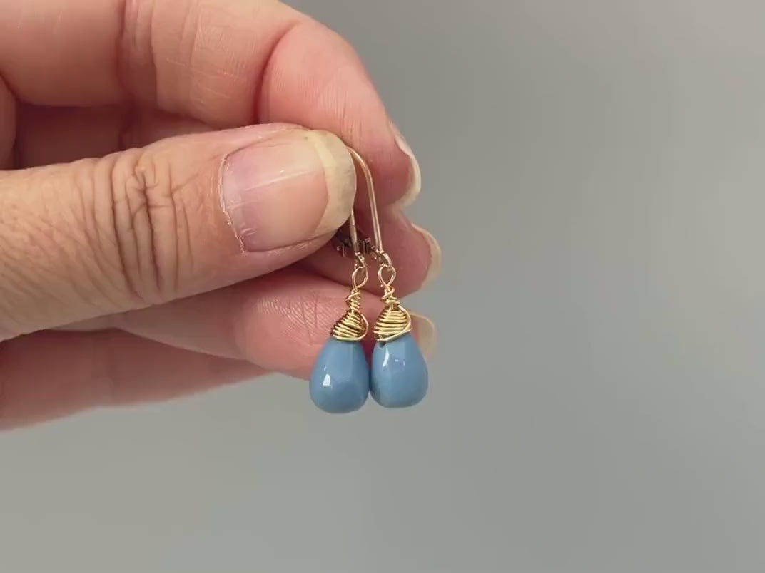 Owyhee Blue Opal earrings dangle Sterling Silver Gold, Rose Gold teardrops