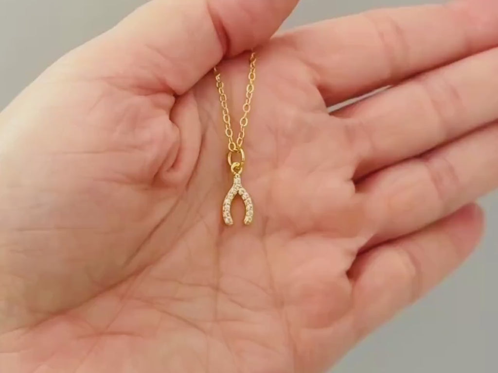 Tiny Crystal Wishbone Necklace Gold, Lucky Charm Necklace, Dainty Minimalist Jewelry, Good Luck Gift for women, Delicate Layering Necklace