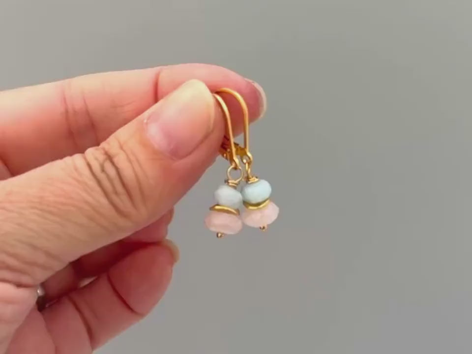 Pink Morganite and Blue Aquamarine Earrings dangle drop rose gold, silver, gold