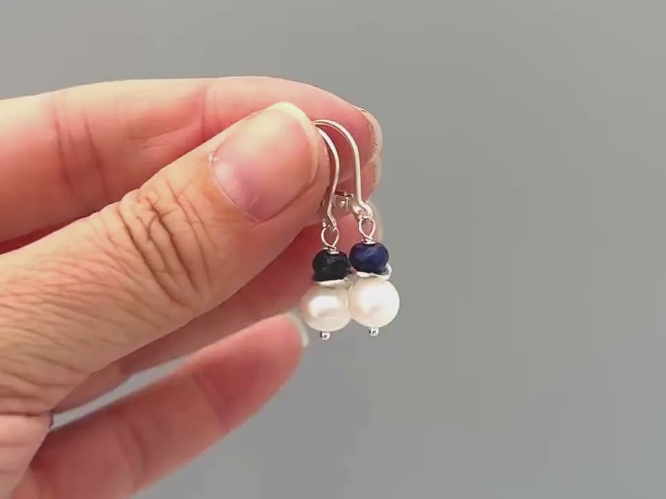 Pearl and Blue Sapphire Earrings dangle Sterling Silver Solid 14k gold dangly handmade gemstone pearl jewelry gift for wife, mom, daughter