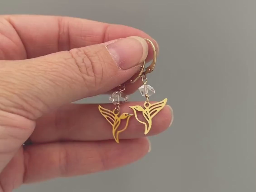 Bird Earrings dangle 14k gold, sterling silver Herkimer Diamond hummingbird Jewelry