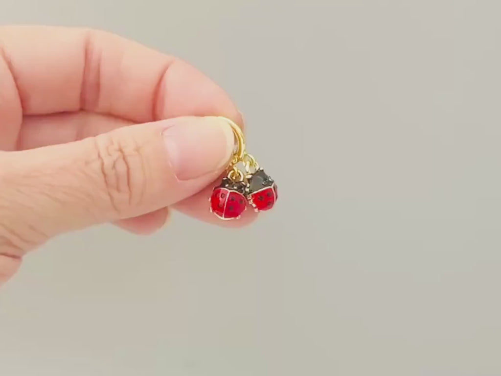 Dainty Ladybug Earrings dangle Gold, Silver huggie hoops handmade cottagecore minimalist nature inspired bug jewelry gift for gardeners, bff